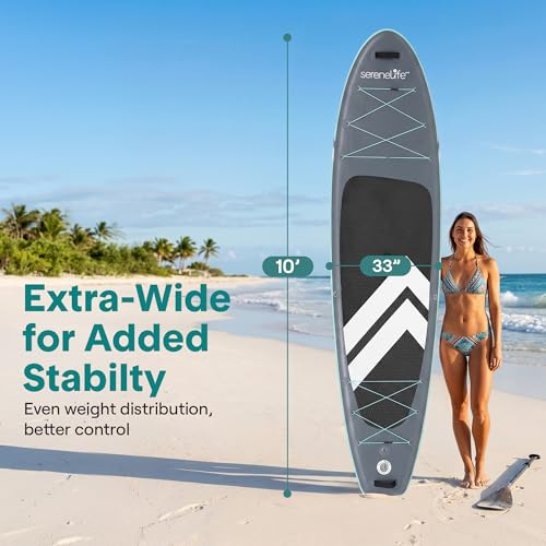 Image of SereneLife 10' Inflatable Stand Up Paddle Board with Premium SUP Accessories - Wide Stable Design with Non-Slip EVA Deck Pad, for Youth and Adults, 350 lbs. Capacity