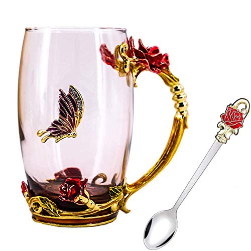 Tea Cup, Mother's Day Gifts, Coffee Mug, Clear Glass Cups with Spoon Set, Lead Free Handmade Butterfly, Unique Rose Flower Enamel Design, Birthday Decoration Wedding Gift Ideas (Red Tall)