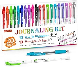 Shuttle Art Journal Pens Set, 10 Colours Dual Tip Highlighters and 10 Colours Retractable Coloured Gel Pens, Perfect for Kids and Adults Bullet Journaling, Highlighting, Writing, Office Home School
