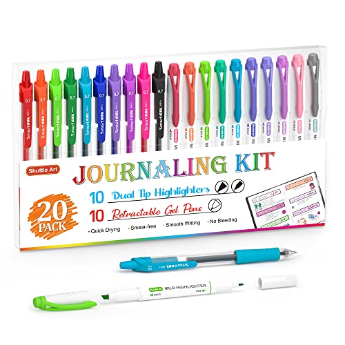 Shuttle Art 20 Pack Journaling Kit,10 Colors Dual Tip Highlighters and 10 Colors Retractable Gel Ink Pens,Perfect for Kids and Adults Coloring,Underlining, Highlighting, Writing in Office Ho