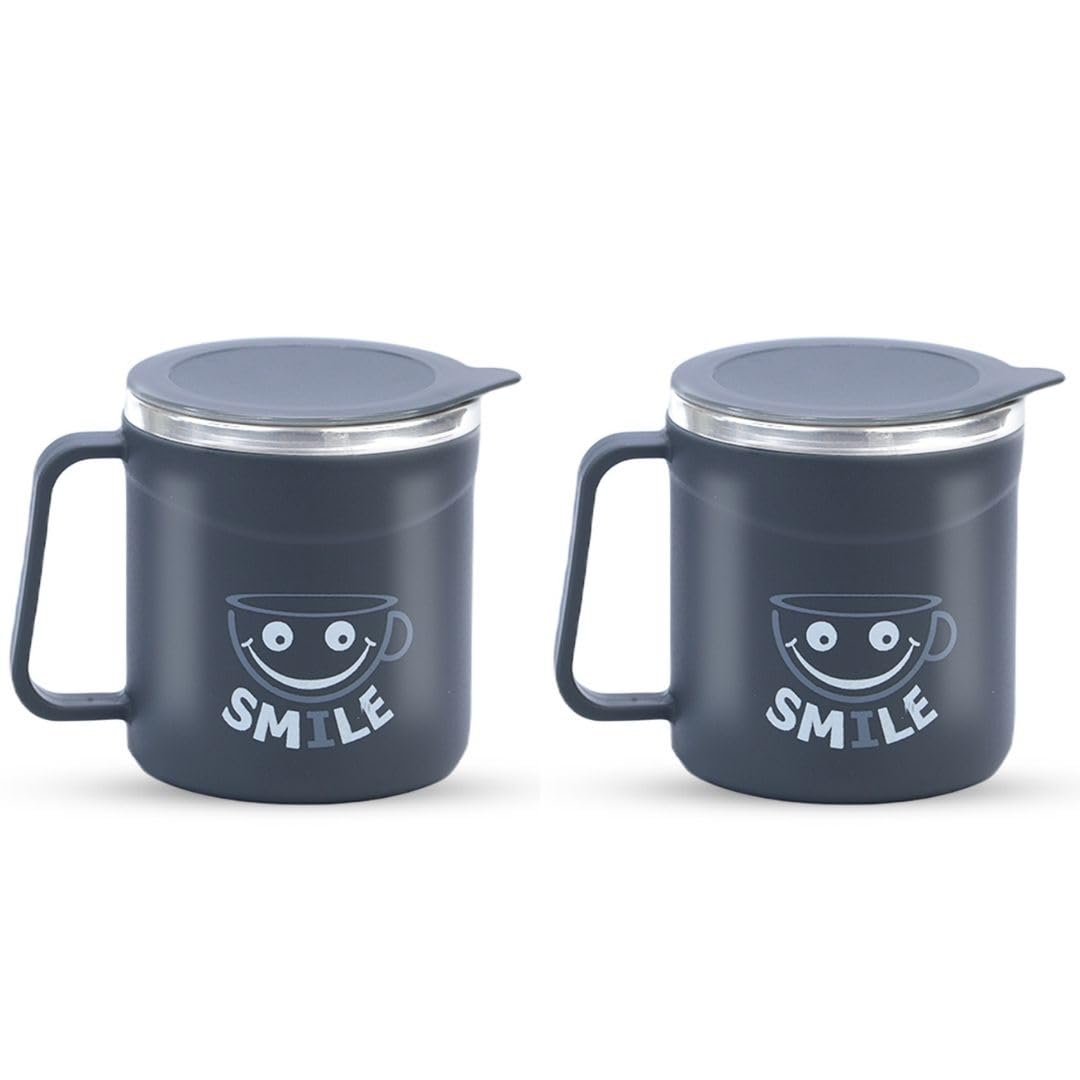 ATTRO Stainless Steel Happy Mug Comes with Double Wall Inner Stainless Still & Lid Stylish Cup Ideal for Hot Coffee, Tea-Grey Set of 2, 300 ml