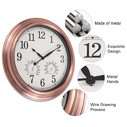 Vigorwise 16 Inch Outdoor Wall Clock, Metal Waterproof Wall Clock With Temperature & Humidity, Large Non-Ticking Wall Clocks, Silent Wall Clock For Patio Garden Bathroom #TOP2