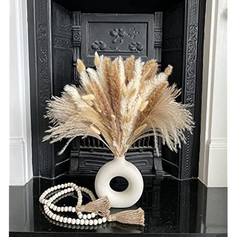 80pcs Dried Flowers Bouquet Arrangements Pampas Grass Decor - 15 White Pampass Grass, 15 Natural Small Pampas Gras, 20 Bunny Tails Dried Flowers, 30 Reed, 1 Ribbon, Neutral Home Decor 17.7in/45cm Cover