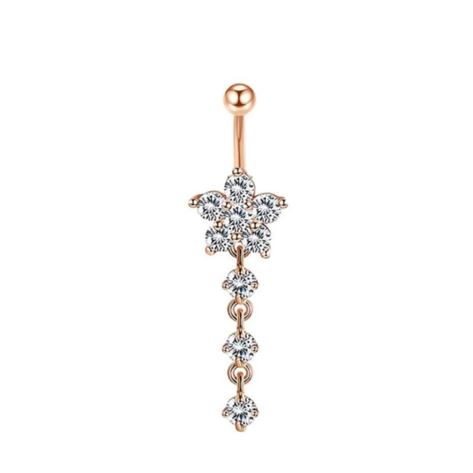 Anillos de ombligo sexy para mujer, piercing de ombligo, joyería luna, acero inoxidable, 14 g, flor de oro rosa y circonita blanca redonda, 8 piezas, Circonia cúbica, Cubic Zirconia