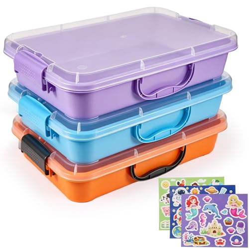 FIIOEOY 3 Pcs Sensory Bin Sand Tray with Lid & 3 Stickers, Stackable Storage Sensory Bin Containers with Lid, Portable Sandbox Organizers for Toys, Sand, Arts, Crafts (Purple, Blue, Orange)