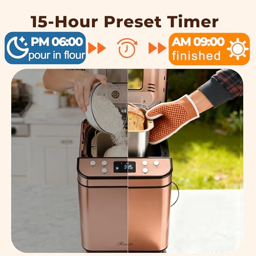 Image of Rosewill 25-in-1 Automatic Bread Maker Machine with 3 Loaf Size up to 2 Lb, 700W High Power Dual Heater with BPA-Free Nonstick Coating Pan, Max 15 Hours Delay Timer, Low Noise, Cinnamon