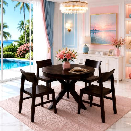 Image of Wooden Dining Table & Chair Set for 4 Person | Solid Sheesham Wood Round Dining Table with Curved Backrest Pattern Chairs | Modern & Trending Style Design for Home & Dining Room | Walnut Finish
