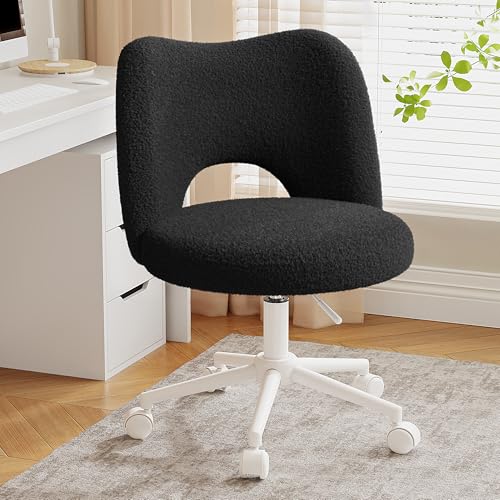 Image of DurayLoly Vanity Chair with Wheels, Soft Teddy Fleece Desk Chair, Breathable Open-Back, Height Adjustable Armless for Makeup Room, Bedroom, Dorm, Home Office, Black