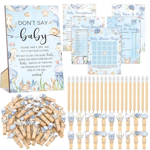 Image of Patelai 321 Pcs Baby Shower Games Supplies, 5 Sets (50 Cards Each) Activities Cards with 20 Pencils 1 Don't Say Baby Sign 50 Clothespin (Under the Sea)