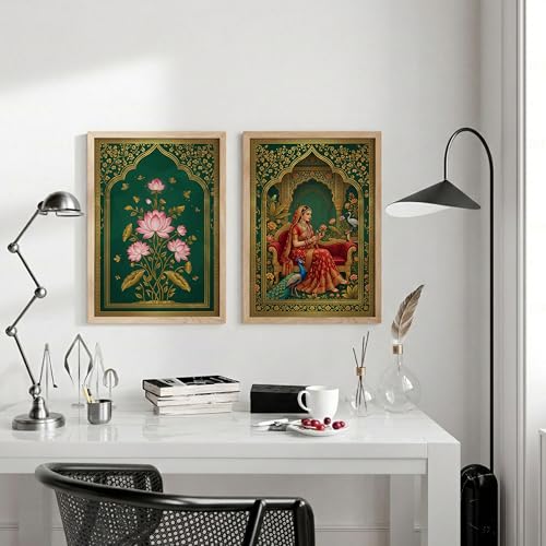 Image of Suneree Rajasthani Rani Lotus Flower Wall Art Painting | Set of 2 Framed Paintings | Mughal Indian Decor for Living Room Bedroom Home Office | (ART 7, 10x13 INCHES)