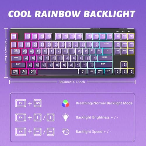 ATTACK SHARK M87 80% Wireless Gaming Keyboard,87 Keys Rainbow Lights TKL Mechanical Feeling SA PBT Keyboard for Mac/Win, Bluetooth 5.0/2.4Ghz Dual Mode Pc Keyboards for Office/Gaming Purple by ATTACK SHARK - Image 5