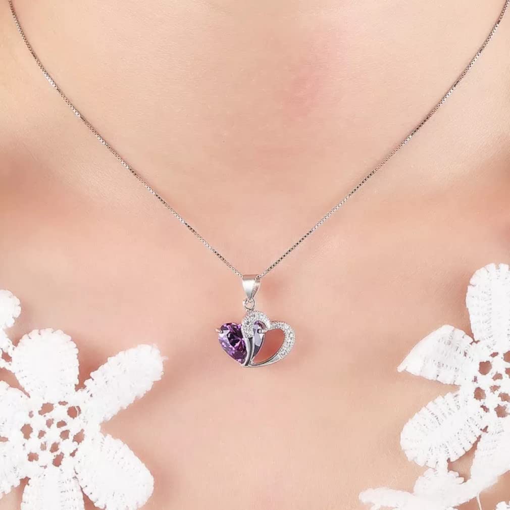 Collana con Pendenti a Doppio Cuore in Argento Sterling 925 Collana con Ciondolo a Forma di Goccia di zirconi Viola da Donna