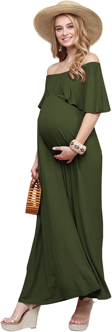 My Bump Women's Ruffle Off The Shoulder Maxi Maternity Dress-Made in USA