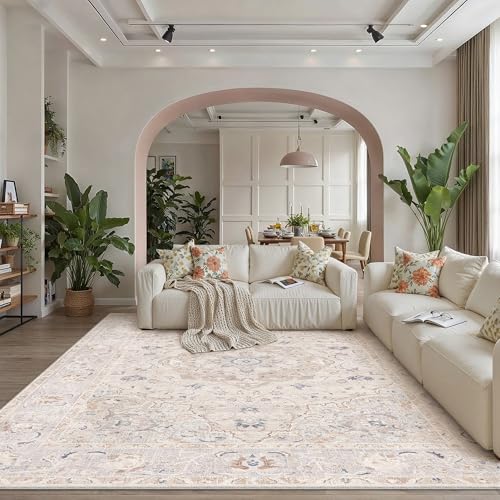 WondRg 8x10 Washable Area Rug Vintage Beige Carpet for Living Room Low Pile Non Slip Soft Distressed Durable Bedroom Throw Rug Dining Room Nursery Classroom Playroom Home Decor