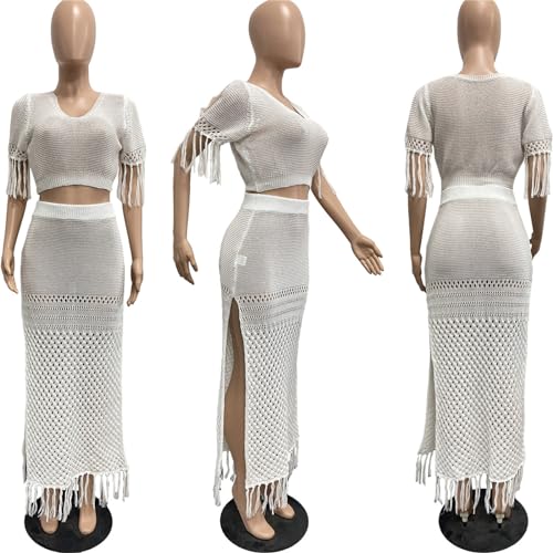 Image of CALEBGAR 2 Piece Outfits for Women Sexy Crochet Tassel Split Midi Dress Summer V Neck Knitted Hollow Crop Tops Y2K Streetwear
