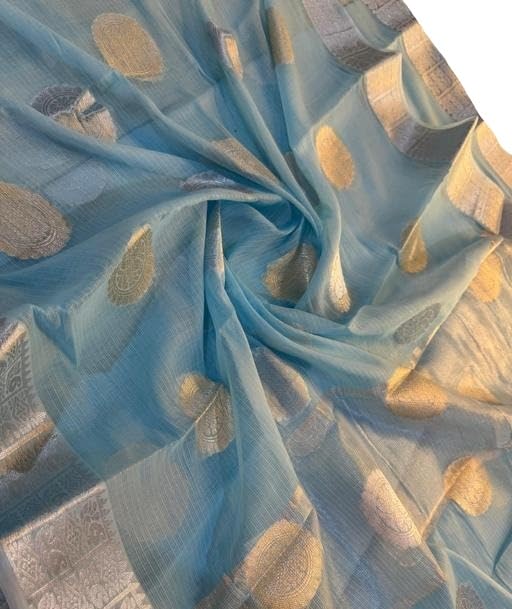 Lightweight Kota Doria Silk Saree with Embroidery Lace Border for Party Evening Celebration Blue Free Size-image-25