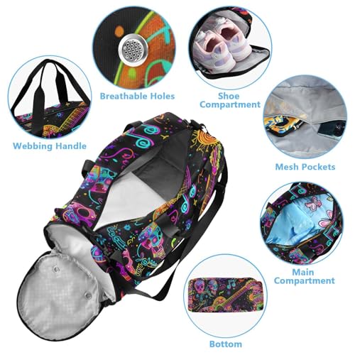 Duffle Bag Kids Gym Bag with Shoes Compartment & Wet Separation Overnight Travel Bag Guitar Note Singing Musical Scene for Girl Boy4