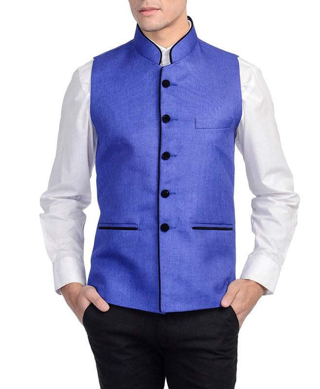 RANMUK Men's Jute cotton Modi/Nehru Waistcoat Royal Blue (XL)-picture-12