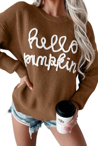 KevaMolly Womens Long Sleeve Sweaters Hello Pumpkin Graphic Sweater Casual Daily Slogan Sweater Tops