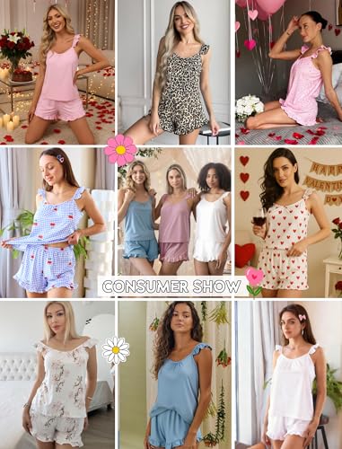 Image of Ekouaer Pajama for Women Set 2 Piece Ruffle Cami Top and Shorts Pjs