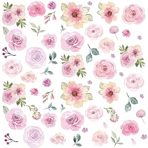 AOWDIAO 60 Pcs Flower Peel and Stick Wall Decals Watercolor Vinyl Peony Floral and Leaves Wall Stickers Pastel Flower Decor for Girls Bedroom Nursery Classroom Living Room
