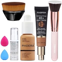 PHOERA CC+ Cream Color Correcting Anti Aging Hydrating Serum & SPF 25+, PHOERA Primer, Makeup, Kabuki Makeup Brushes Foundation Brush (106 Warm Sun, 180 Tan)