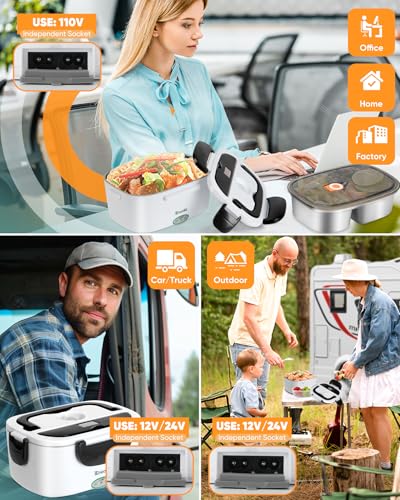 Image of Eocolz Lonchera 60-80W Electric Food Warmer Lunch Box for Adults, Portable Heated Lunch Box for Car Truck Work with Fork and Spoon Stainless Steel Container 1.5L 12 /24 /110V