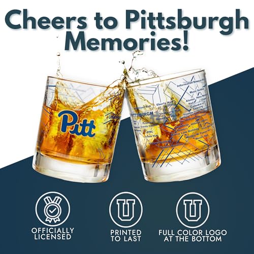 Image of Greenline Goods - University of Pittsburgh Panthers College Whiskey Glasses (Set of 2), 10 oz - Full-Color Logo + Campus Map