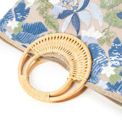 Image of Rattan Wood Handle Sequin Embroidered Floral Beach Bag Tote for Vacation and Wedding Party