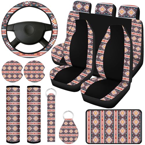 Frienda 13 Pcs Western Aztec Car Seat Cover Full Set for Women Men Print Car Accessories Rubber Steering Wheel Armrest Pad Cover Seat Belt Pads Wrist Holder Keychain, Warm Color
