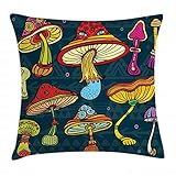 Ambesonne Mushroom Throw Pillow Cushion Cover, Mushrooms Ornate Doodles with Swirls Eyes Psychedelic Botany and Growth, Decorative Square Accent Pillow Case, 24' X 24', Dark Teal