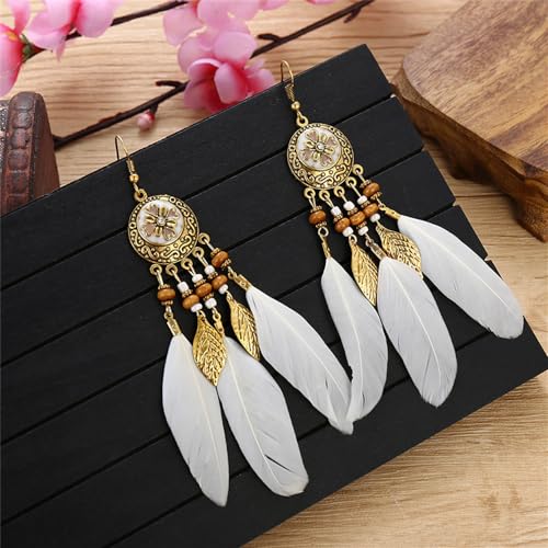 Boho Feather Leaf Dangle Earrings for Women Girls Gold Plated Long Ball Bead Leaf Fringe CZ Enamel Dreamcatcher Statement Charms Drop Dangling Fish Hook Stud Lightweight Antique Bohemian Festival Party Jewelry Gifts4