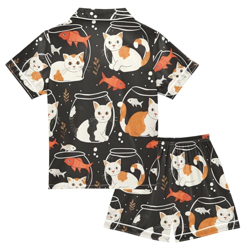 ALAZA Cat Kitten Fish Black Pajamas Satin Pajama Set Short Sleeve Button Down Sleepwear2