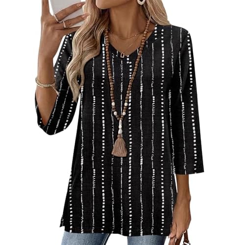 AKEWEI 3/4 Length Sleeve Cotton Linen Womens Tops V Neck Loose Fit Dressy Casual Blouse Flowy Shirts Womens Clothing