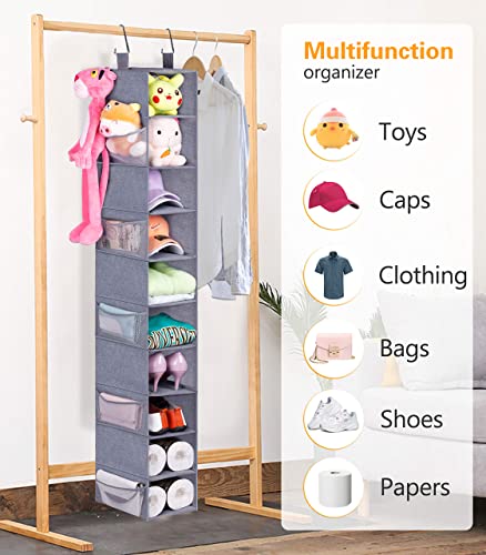 Misslo 10-Shelf Hanging Shoe Organizer For Closet Organizers And Storage Shelves Hat Rack For Closet With 10 Side Mesh Pockets For Shoes, Caps, Scarves, Folded Clothes And Toys, Grey #TOP5