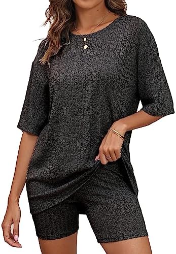 BEKOFO Lounge Sweatsuits Tracksuits Women Short Sleeve Sets Matching Outfits Ribbed Knit Pajama Sets Pjs Tshirt and Bike Shorts for Summer Black Gray XX-Large