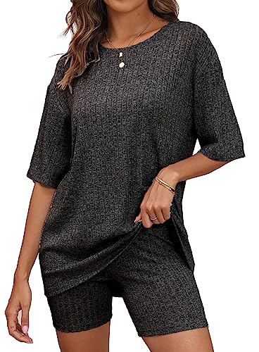 Bekofo Lounge Sweatsuits Tracksuits Women Short Sleeve Sets Matching Outfits Ribbed Knit Pajama Sets Pjs Tshirt And Bike Shorts For Summer Black Gray Xx-Large #TOP2