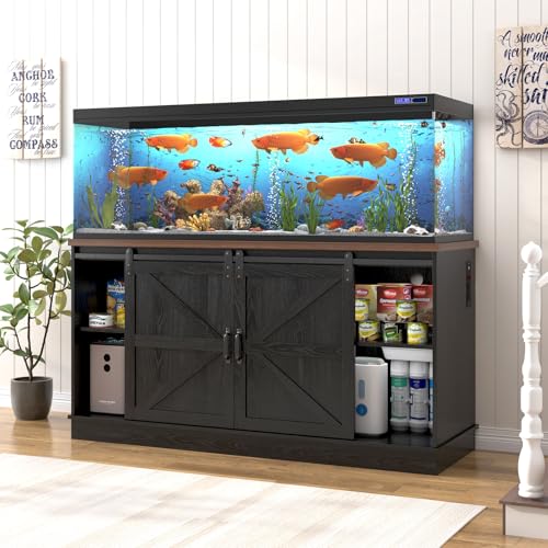 Image of Hlivelood Farmhouse 75-120 Gallon Fish Tank Stand with Power Outlet, Aquarium Stand w /Cabinet&Sliding Barn Door, Heavy Duty Reptile Tank Stand for Fish /Turtle /Reptile Terrarium, 1000LB Capacity, Black