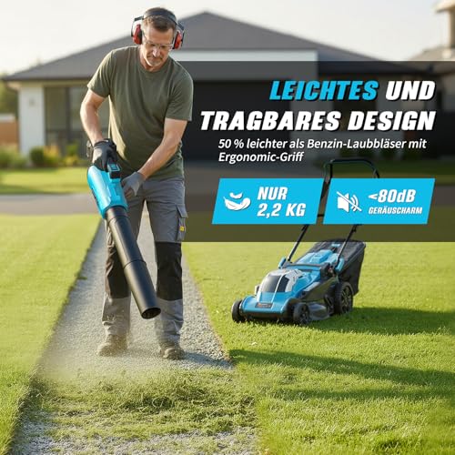 Akku Laubbläser,Laubbläser mit 2×4.0Ah Akkus,260 km/h Luftgeschwindigkei, Volumenstrom von 770 m³/h,Kabellos Laubgebläse Bürstenlos Laubpuster für Garten Rasenpfleg,Terrasse 4