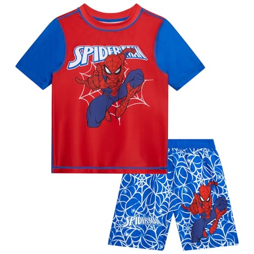 Image of Marvel Boys Rash Guard Set 2 Piece Hulk Spiderman Swim Shirt & Swim Trunks