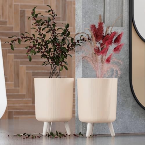 Image of StyleX Store Modern Flower Pot with Plastic Legs | Indoor Outdoor Planter for Home Garden Balcony Decor Ribbed Design Sturdy Plastic Mid-Century Style (Warm Beige Pack of 2)