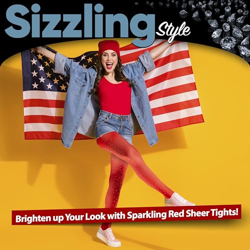 Ruby Red Sheer Tights: High-Waisted Pantyhose with Sparkling Rhinestones - Colorful Translucent Nylon Tights for Women (S/M size) One Pair2