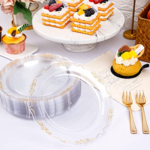Liyh 100Pcs Gold Dessert Plates Disposable With 100Pcs Plastic Dessert Forks,Plastic Salad Plates With Gold Disposable Gold Forks, Clear Cake Plates Disposable Perfect For Parties Wedding, Birthday #TOP6