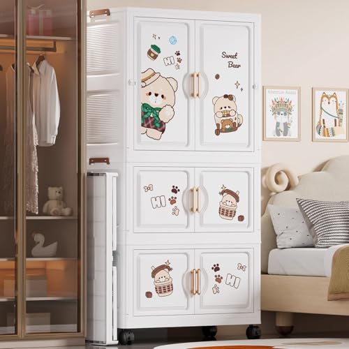 Image of Mevigo 3-Door Plastic Wardrobe for Kids| Almirah and Wardrobe for Baby Clothes| Modular Storage Cabinet with Wheel Organizer for Cupboard Rack for Clothes /Shoes /Books /Toy -Bear-K70212