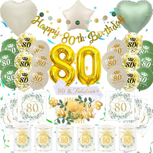 Balões de aniversário 80 anos, homem mulher decoração balão guardanapos internos, presentes para homem mulher verde dourados (decoração 80 aniversários)