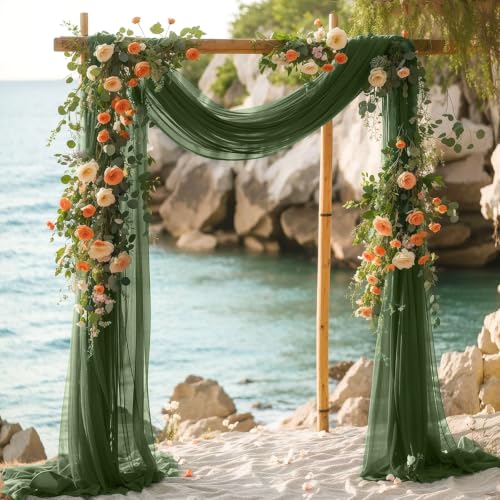 Image of Olive Wedding Glitter Arch Draping Fabric 1 Panel 29 inch x 6.5 Yards Sheer Backdrop Curtain Drapery for Summer Wedding Ceremony Birthday Party Indoor Ceiling Decor