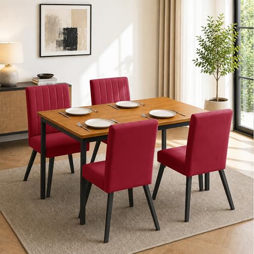 Image of Rosebell Set of 4 Dining Table Chairs with Wooden Top Table, Upholstered Cushioned Chairs, Modern Compact Dining Set for Home, Kitchen & Dining Room (Red)