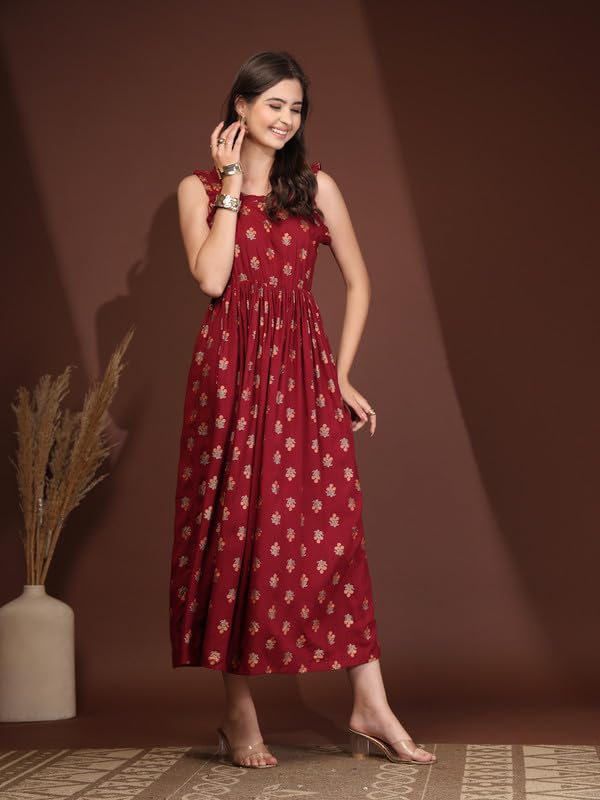 Image of Dress for Women | New Rayon Floral Printed Flared Maxi Dress for Women & Girl's