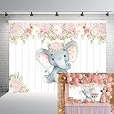INRUI Elephant Theme Photography Backdrop Pink Floral Elephant Baby Shower Party Decorations Banner 7x5FT