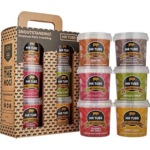 Mr Tubs Gourmet Pork Crackling - 6 Flavour Gift Set in Carry Case - Double Hand Cooked Crackling, not Pork Scratchings - Gluten Free, High Protein, Low Carb, Pork Meat Snack for Men & Women (6 Pack) Cover